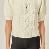 Cable Puff Sleeve Knit with Flower Details