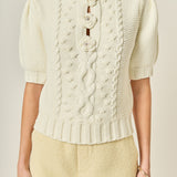 Cable Puff Sleeve Knit with Flower Details