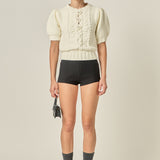 Cable Puff Sleeve Knit with Flower Details