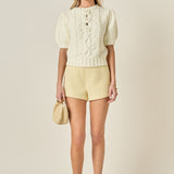 Cable Puff Sleeve Knit with Flower Details
