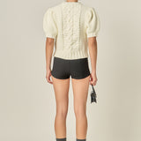 Cable Puff Sleeve Knit with Flower Details