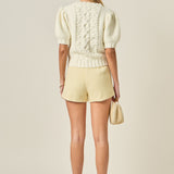 Cable Puff Sleeve Knit with Flower Details