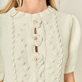 Cable Puff Sleeve Knit with Flower Details
