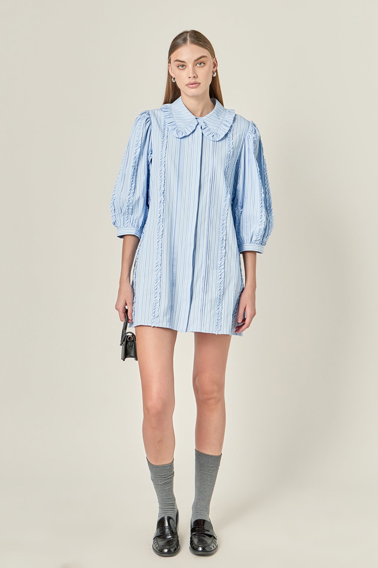 English Factory Women's Pintuck and Ruffle Detail Shirt Dress - BLUE English Factory Women's Pintuck and Ruffle Detail Shirt Dress - BLUE