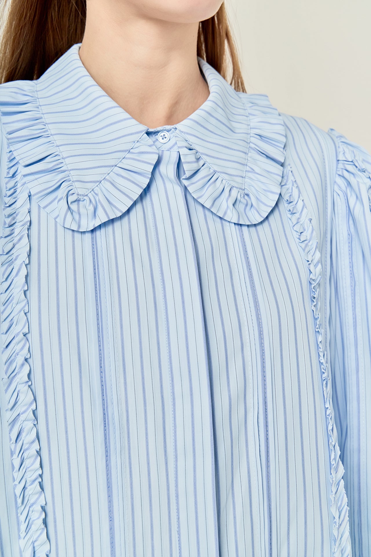 blue ruffle shirt dress Sail to Sable Ditsy Floral Ruffle Front Shirt Dress Ditsy FALLING VIOLETS PRINT / XXS / SP25108