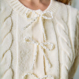 Pearl Bow Cable Knit Cardigan