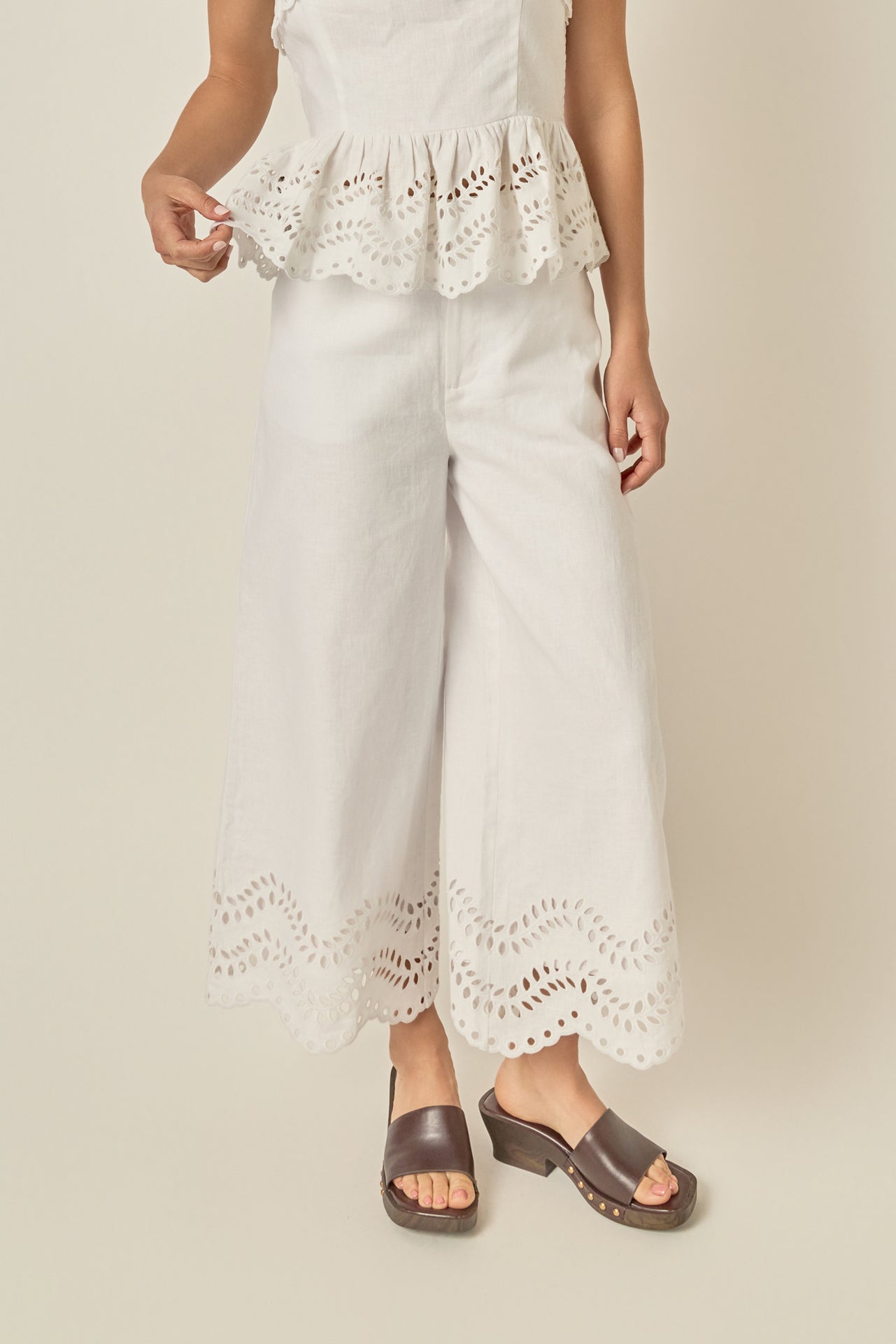 Eyelet Trim Linen Wide-Leg Pants – English Factory