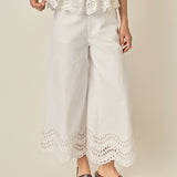 Eyelet Trim Linen Wide-Leg Pants