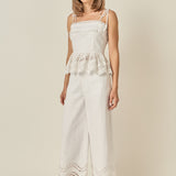 Eyelet Trim Linen Wide-Leg Pants