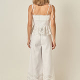 Eyelet Trim Linen Wide-Leg Pants