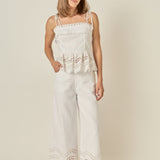 Eyelet Trim Linen Wide-Leg Pants