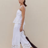 Eyelet Trim Linen Wide-Leg Pants