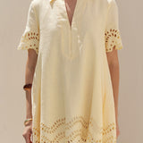 Eyelet Trim Linen Mini Dress