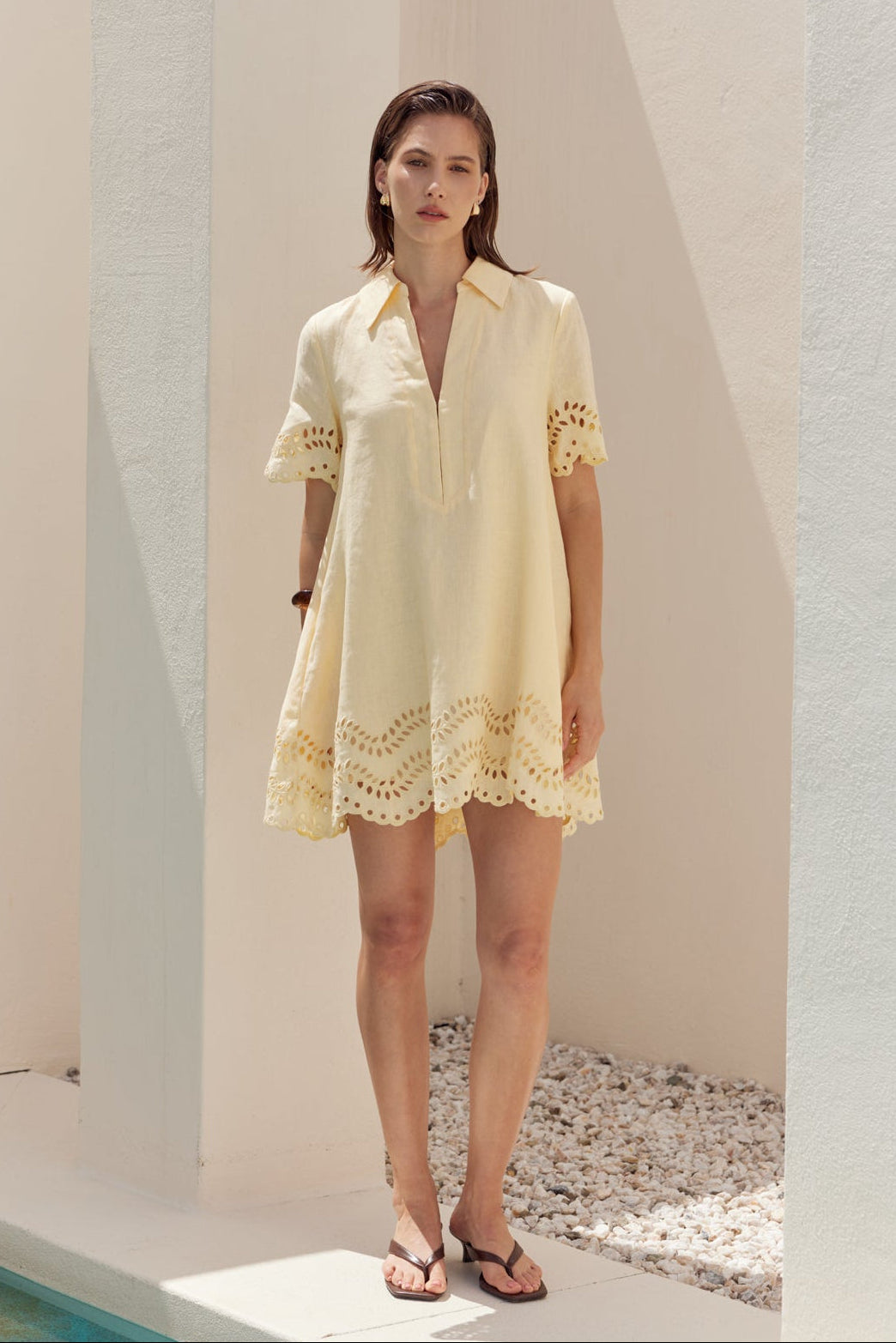 Eyelet Trim Linen Mini Dress