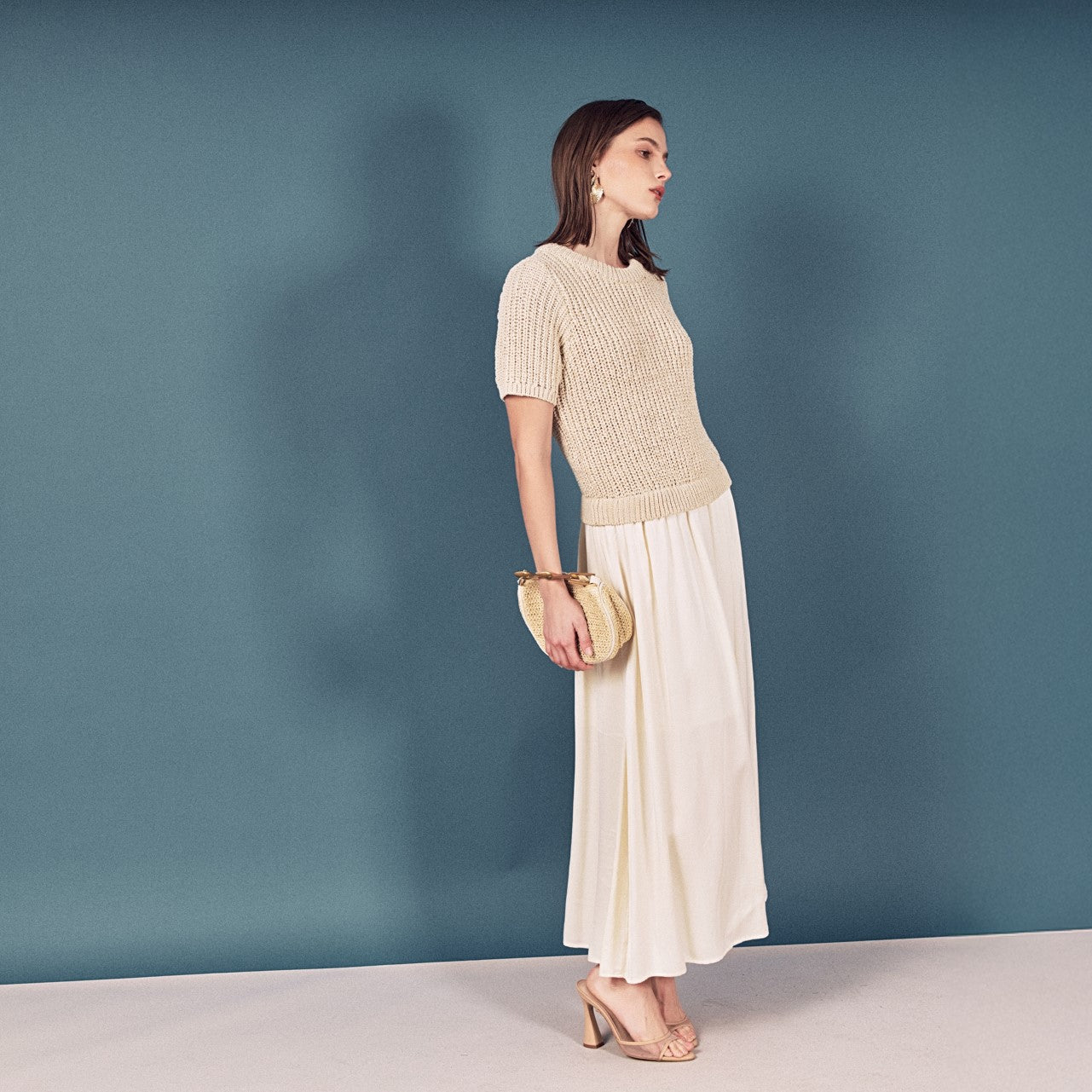 Satin Contrast Mixed Media Midi Dress