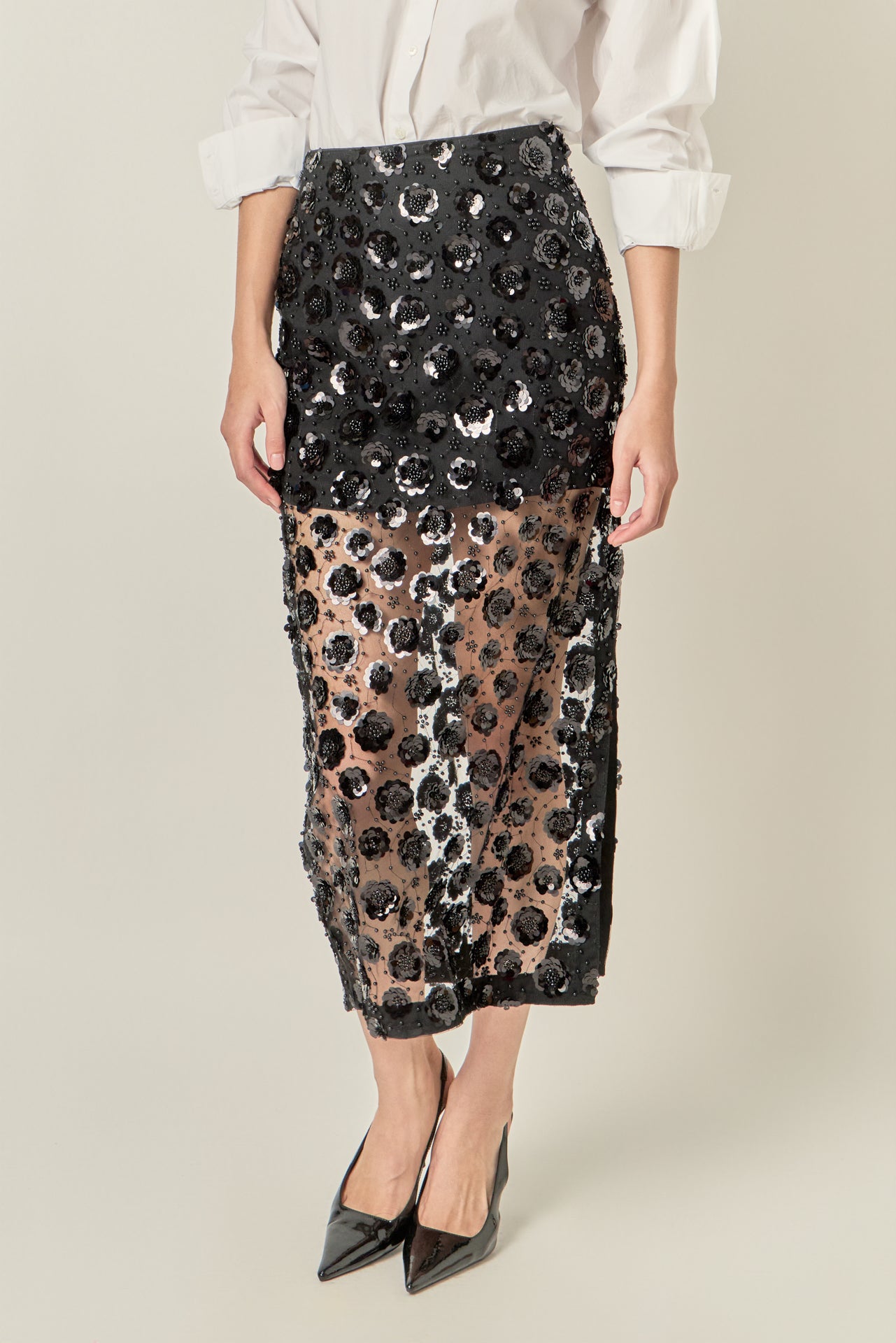 Flower Sequin Sheer Midi Skirt – English Factory