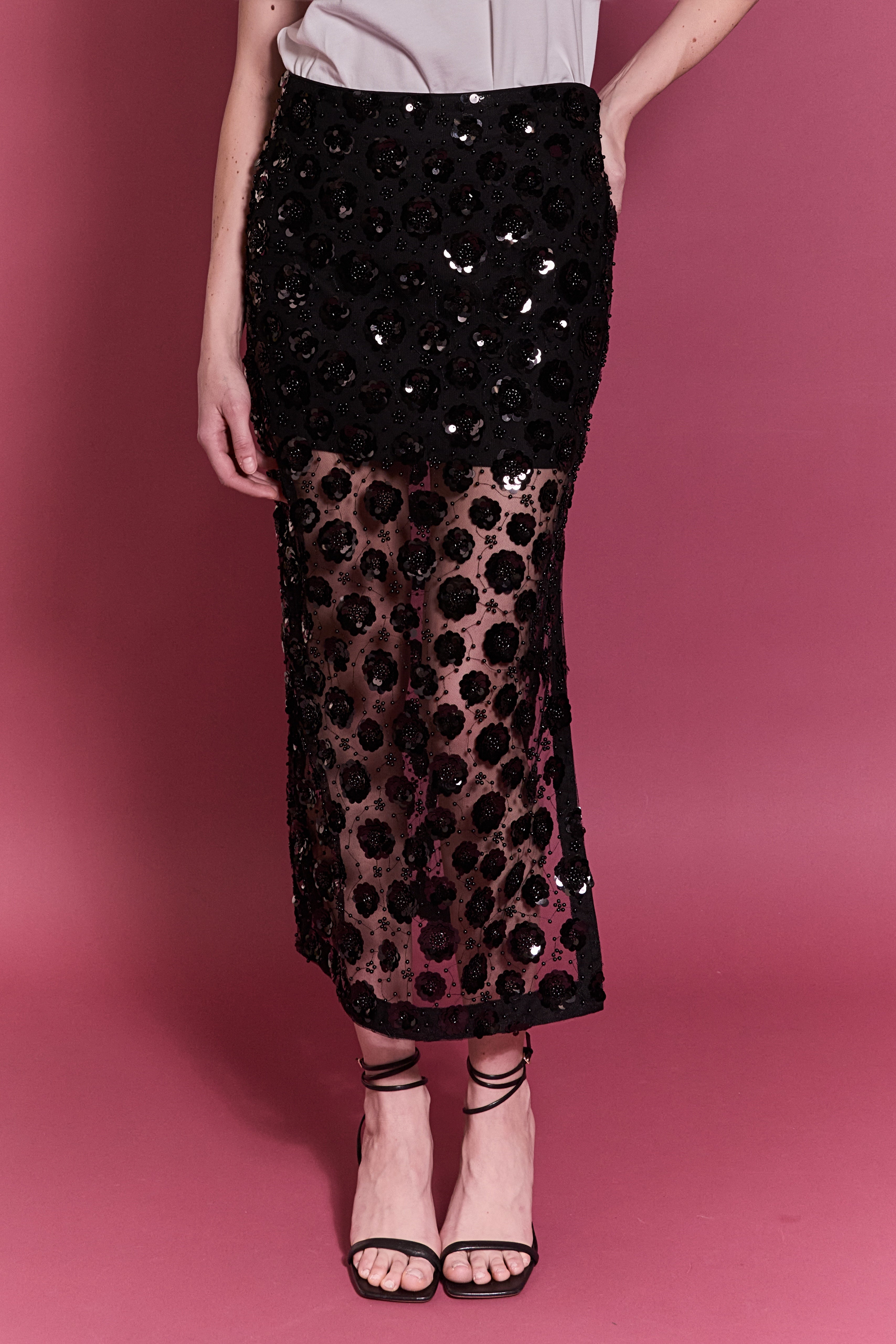 Flower Sequin Sheer Midi Skirt – English Factory