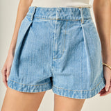 High Rise Pleated Denim Shorts