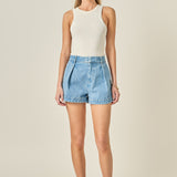 High Rise Pleated Denim Shorts
