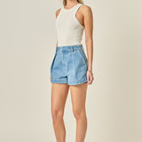 High Rise Pleated Denim Shorts
