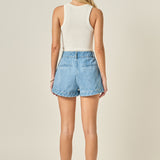 High Rise Pleated Denim Shorts