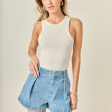 High Rise Pleated Denim Shorts