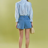 High Rise Pleated Denim Shorts