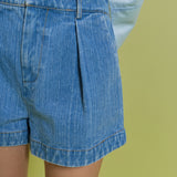 High Rise Pleated Denim Shorts