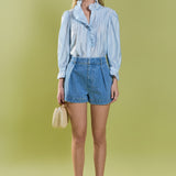 High Rise Pleated Denim Shorts
