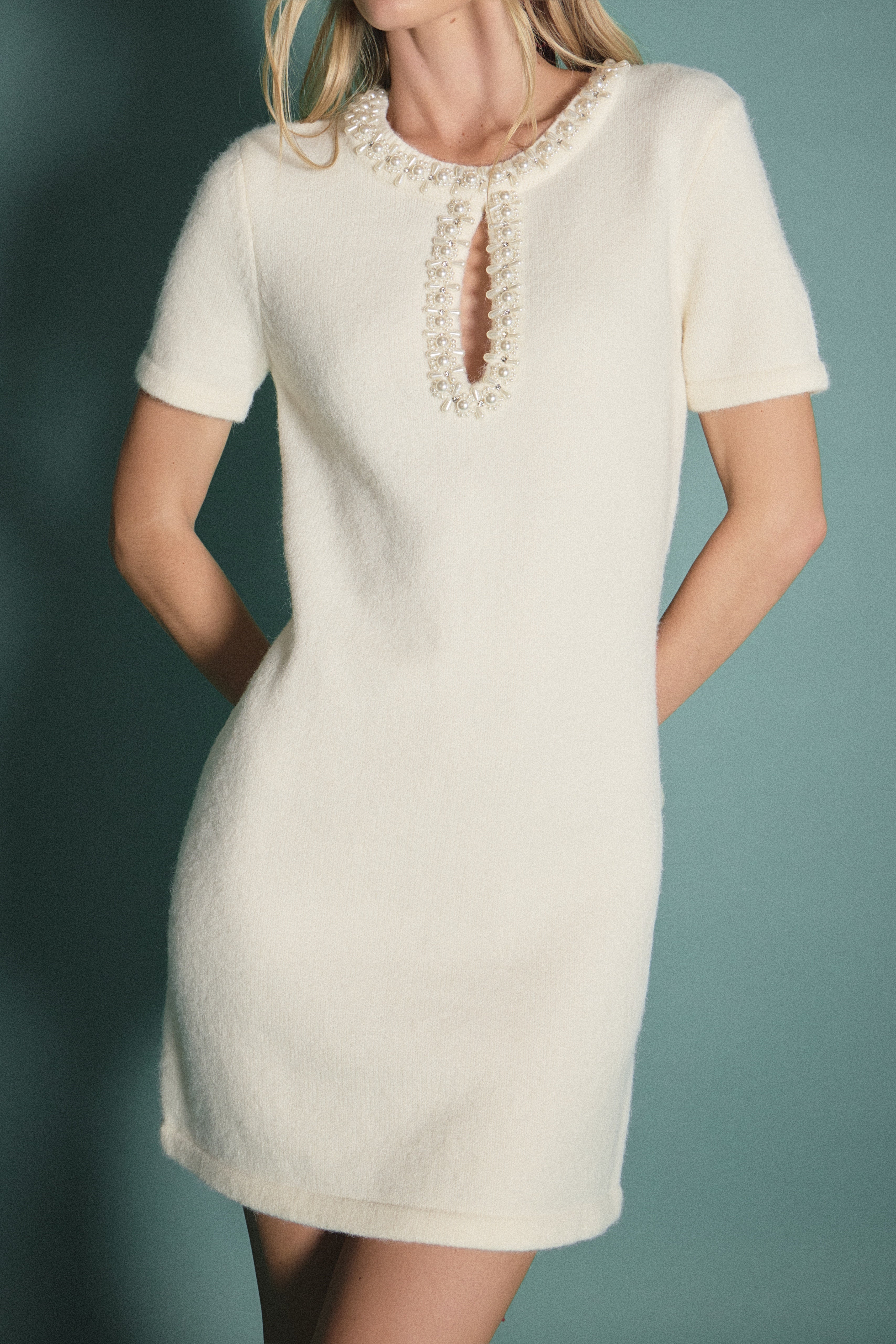 English Factory Women's Pearl & Rhinestone Key Hole Knit Mini Dress - OFF White English Factory Women's Pearl & Rhinestone Key Hole Knit Mini Dress - OFF White
