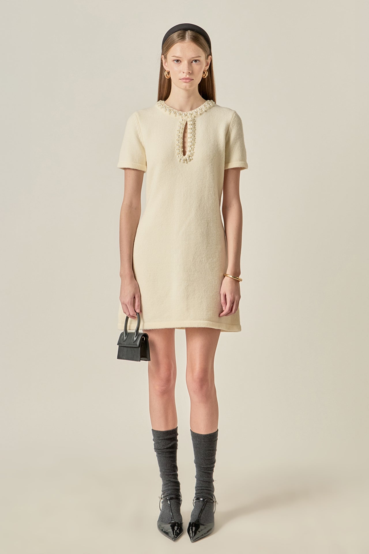 English Factory Women's Pearl & Rhinestone Key Hole Knit Mini Dress - OFF White English Factory Women's Pearl & Rhinestone Key Hole Knit Mini Dress - OFF White