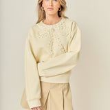 Beaded Ribbon Neck Trim Sweatshirt