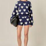 Heart Patterned Crew Neck Sweater