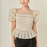 Polka Dot Puff Sleeve Peplum Top