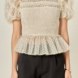 Polka Dot Puff Sleeve Peplum Top