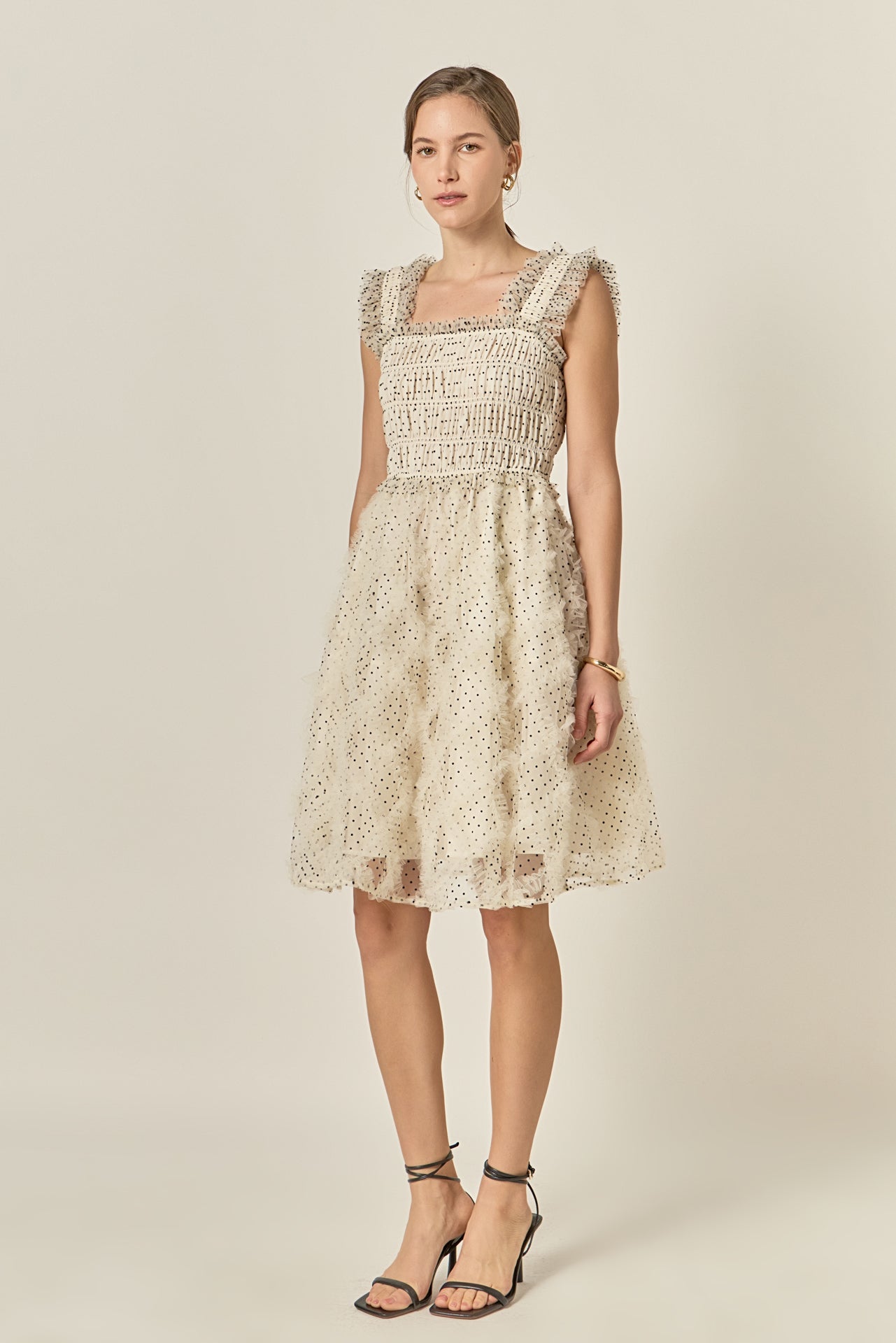 English Factory - Polka Dot Organza Smocked Midi Dress WHITE/BLACK / L English Factory - Polka Dot Organza Smocked Midi Dress WHITE/BLACK / L
