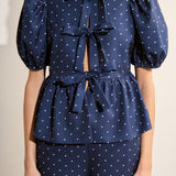Polka Dot Tie Front Puff Sleeve Top