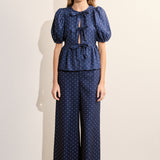 Polka Dot Tie Front Puff Sleeve Top