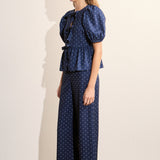 Polka Dot Tie Front Puff Sleeve Top