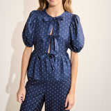 Polka Dot Tie Front Puff Sleeve Top