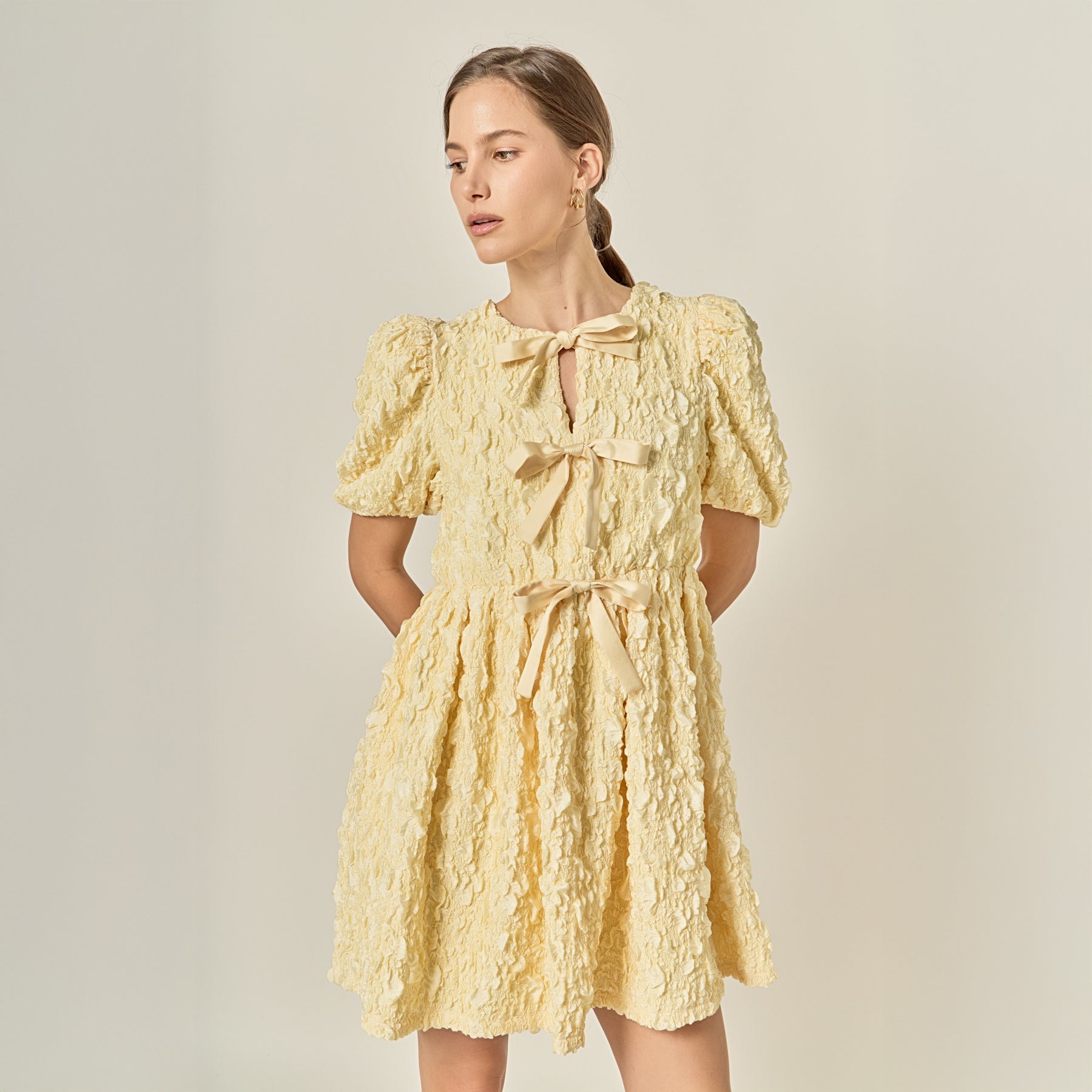 Bow Detailed Puff Sleeve Mini Dress