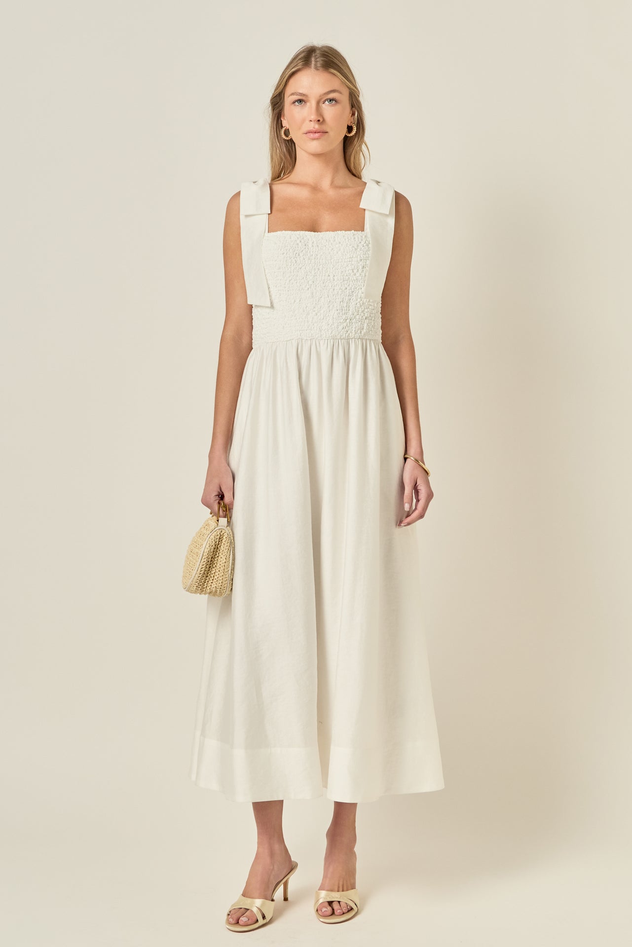 Smocked Bodice Bow Strap Midi Dress – English Factory
