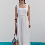 Smocked Bodice Bow Strap Midi Dress