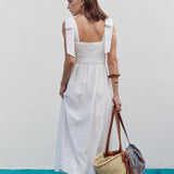 Smocked Bodice Bow Strap Midi Dress
