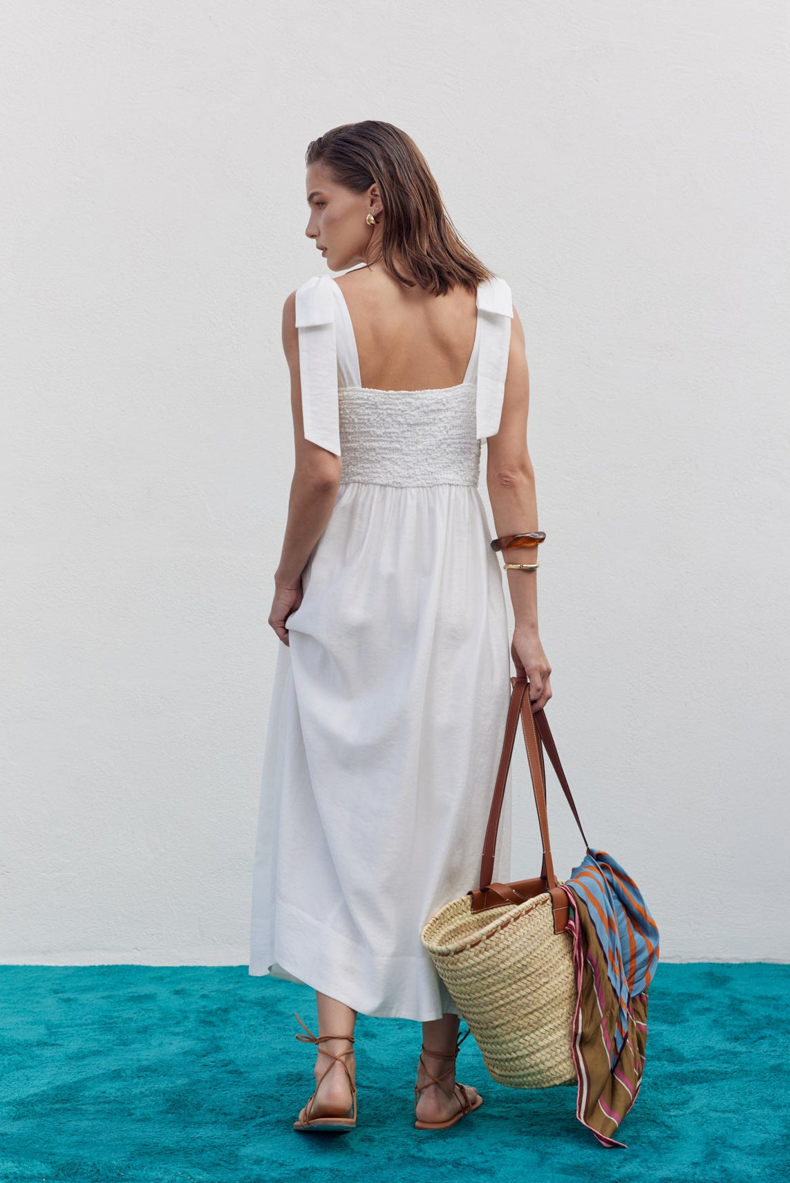 bow detail smock bodice cotton blend dress Smocked Bow Midi Dress