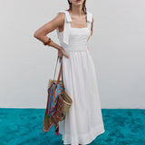 Smocked Bodice Bow Strap Midi Dress