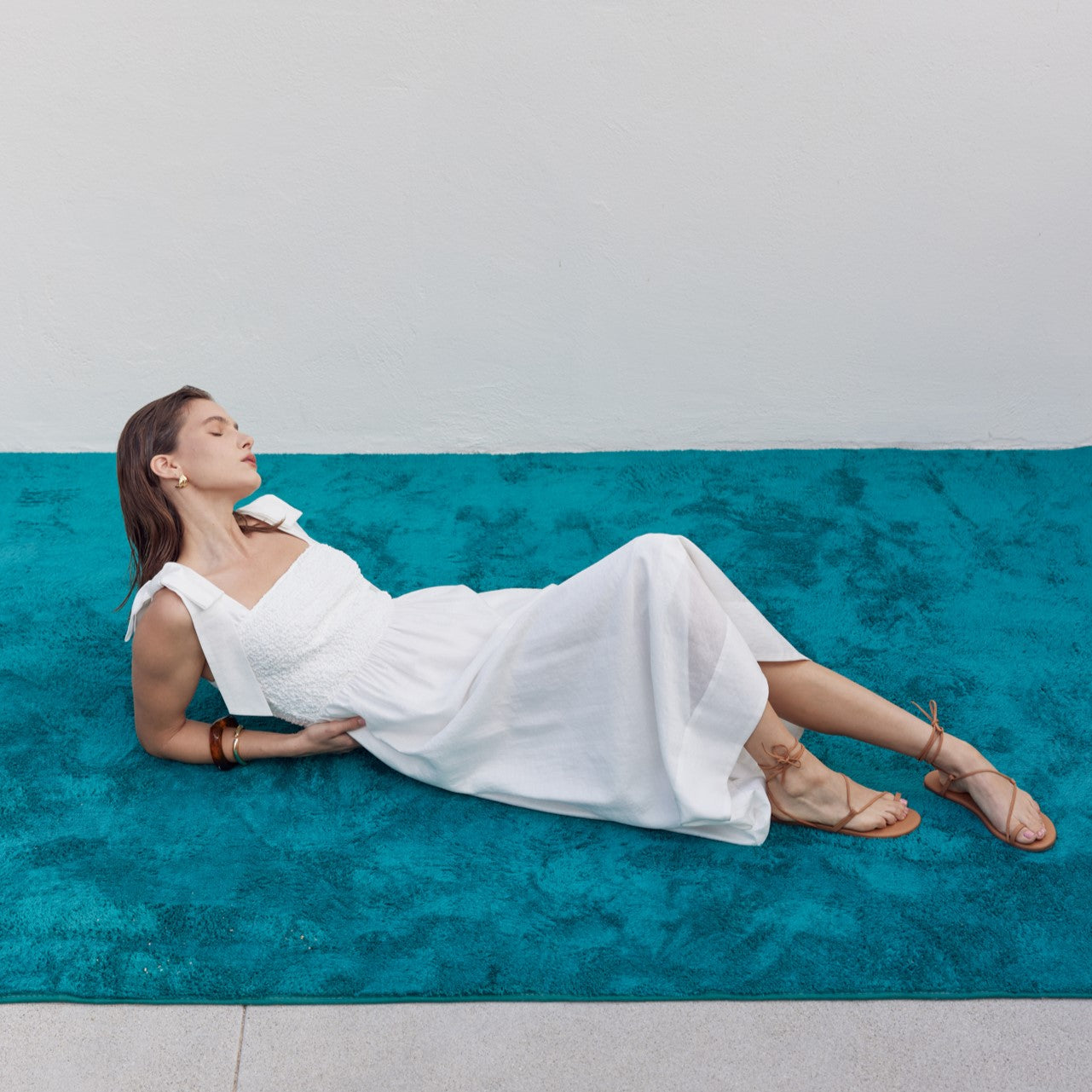 Smocked Bodice Bow Strap Midi Dress