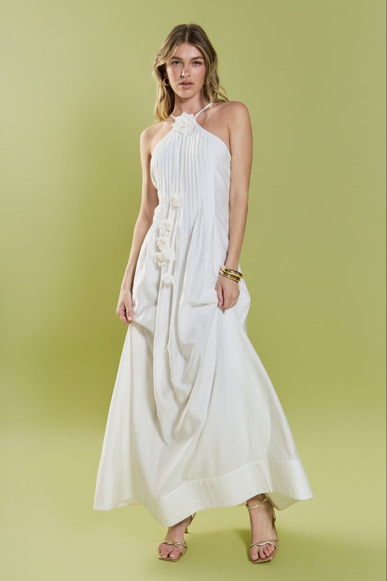 Crochet Flower Trim Halter Maxi Dress English Factory Crochet Flower Trim Halter Maxi Dress English Factory