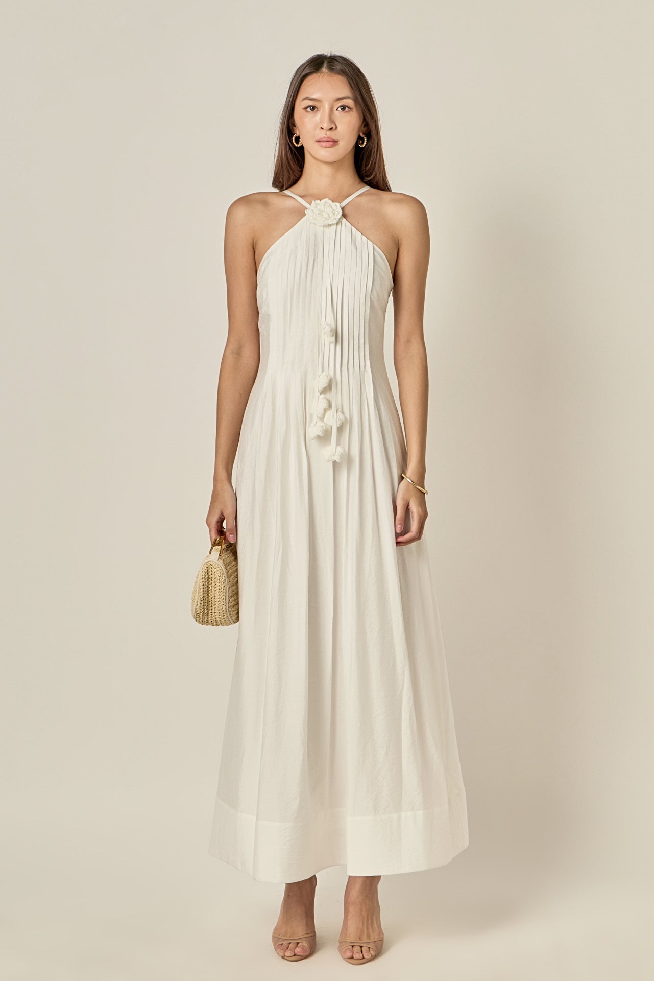 Crochet Flower Trim Halter Maxi Dress – English Factory