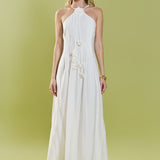Crochet Flower Trim Halter Maxi Dress
